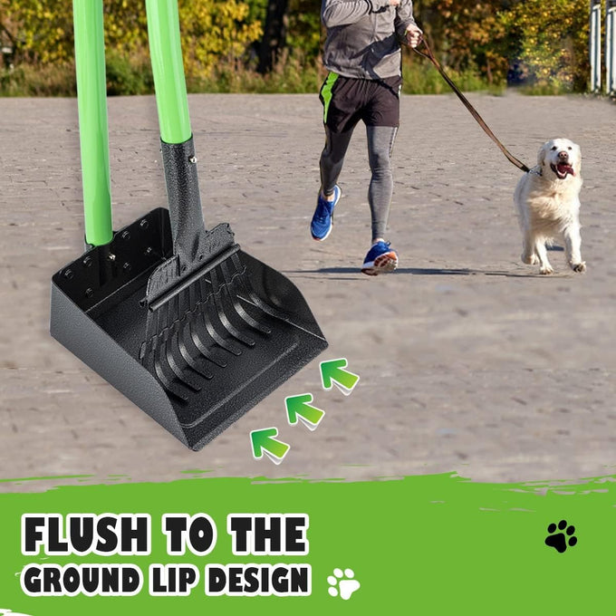 mxf pooper scooper, stainless metal tray and rake set, medium small dog use, long handle, heavy duty, pet supplies, green