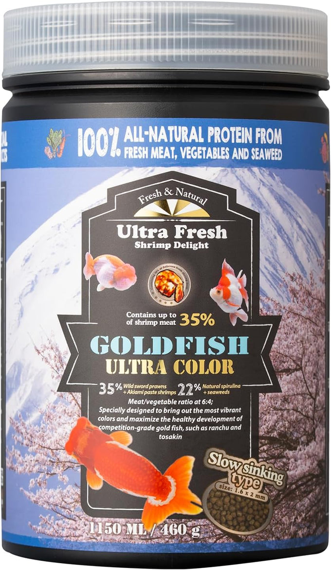 Goldfish Ultra Color 4.6 oz, Slow Sinking, All Natural, Color Enhancing Pellets, Sword Prawn Flavor