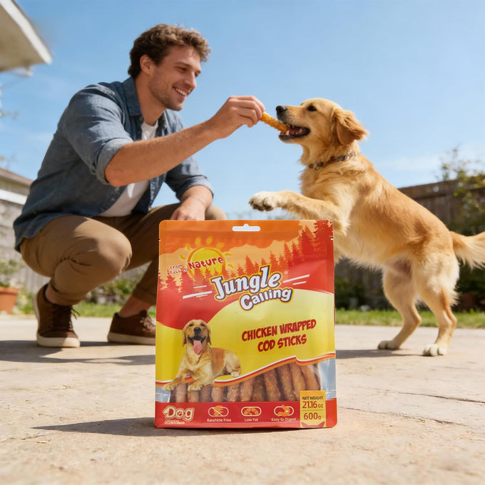 jungle calling 35-count rawhide free dog treats, 4.5-inch chicken wrapped cod sticks for small to medium dogs