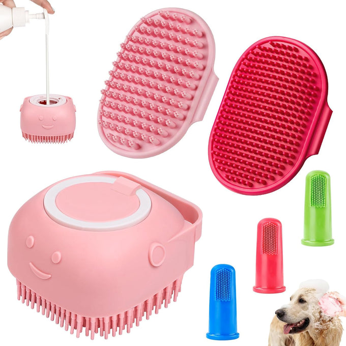 comotech 6pcs dog bath brush and toothbrush set | adjustable handle for short and long haired dogs and cats | blue