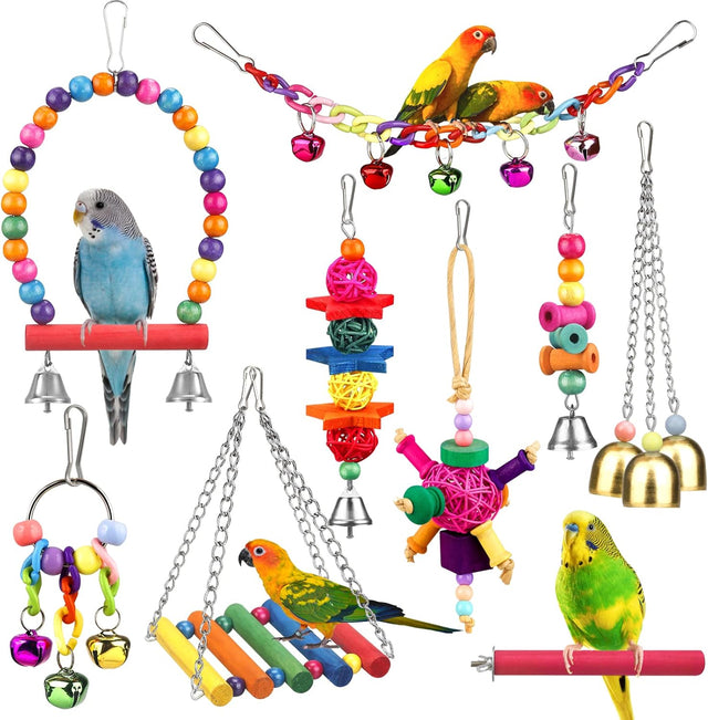 Colorful ladder hammock bird cage accessories for conures, parrots, parakeets, cockatiels, lovebirds, with hanging bell and chewing toys