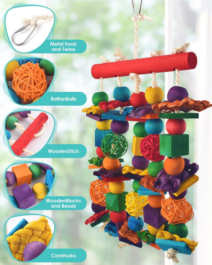 dbness bird toys, natural wooden blocks, parakeet chewing toy for small to medium macaw cockatoos budgie lovebird cockatiel conures 13.4x5.9 inches adjustable