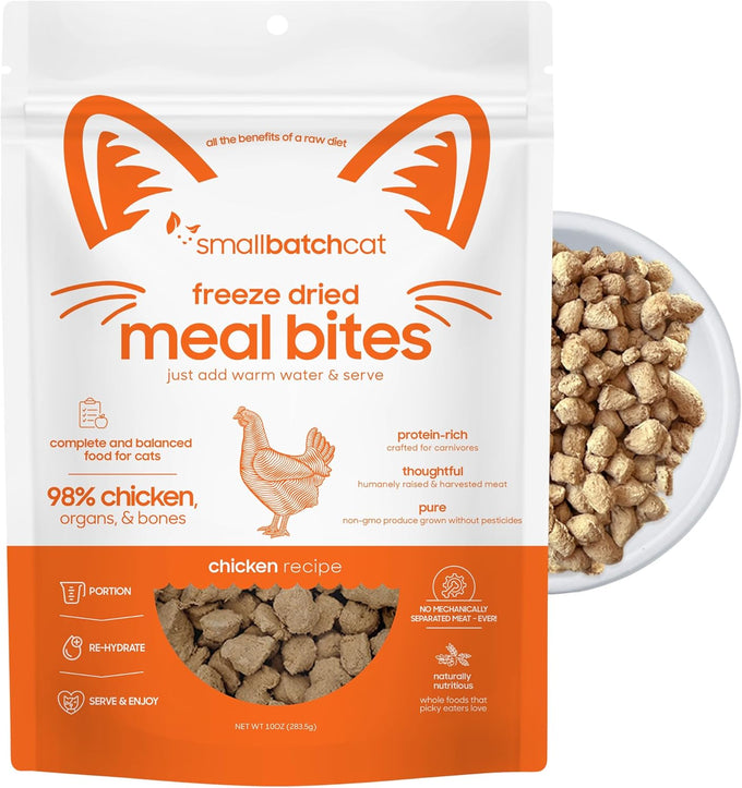 smallbatch freeze-dried raw cat food, beef recipe, high protein meal or topper, 10oz bag, usa made