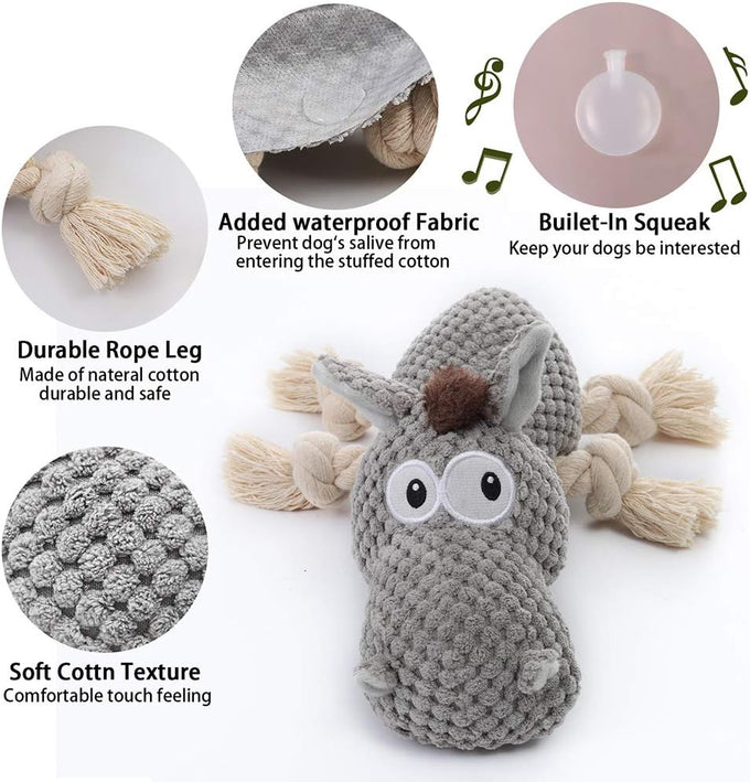 Sedioso Donkey Squeaky Dog Toy, Grey, Lightweight, Natural Cotton, Waterproof, for Small to Large Dogs