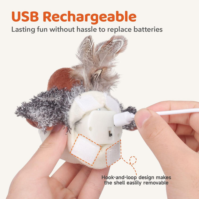 Potaroma rechargeable sparrow cat toy, 4.0 inches, lifelike chirp, touch activated, USB chargeable, soft plush, catnip pouch