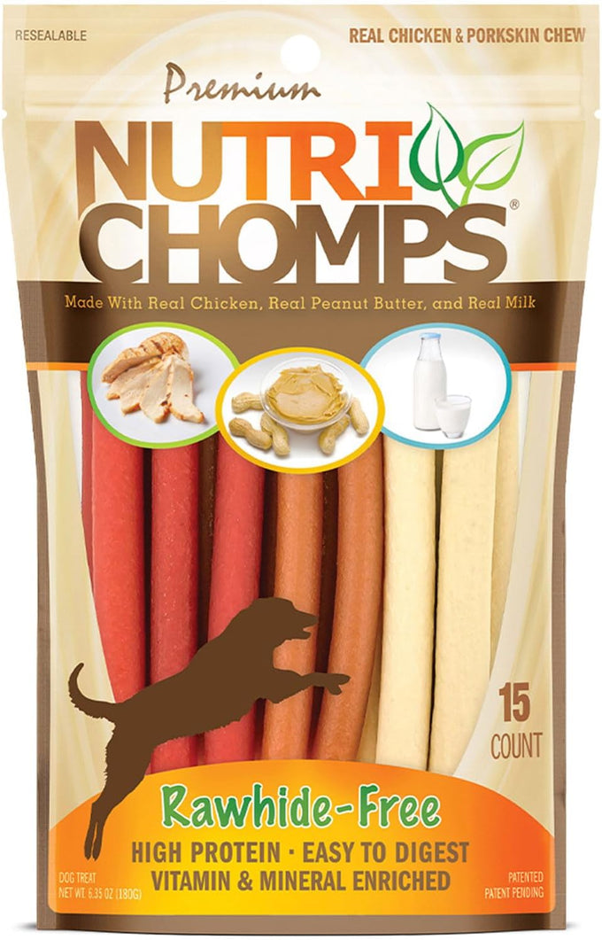 Nutri Chomps Dog Chews, Rawhide-Free, Real Chicken, Peanut Butter & Milk Flavors, 15 Count