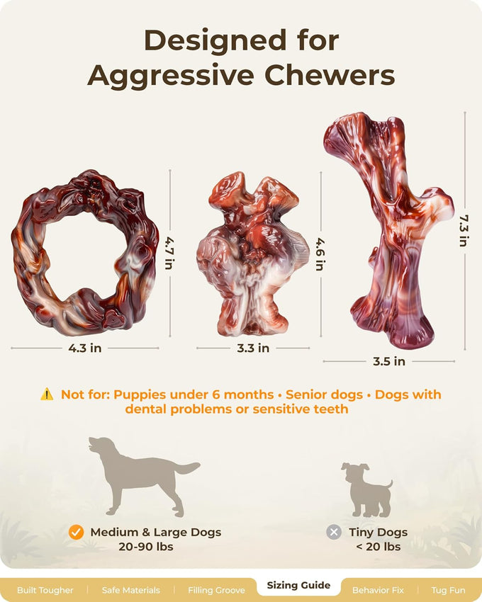 3 Pack Dog Chew Toys, Indestructible Bacon Flavor, Medium Large Dog Toys, Nylon, Realistic Branch Shapes