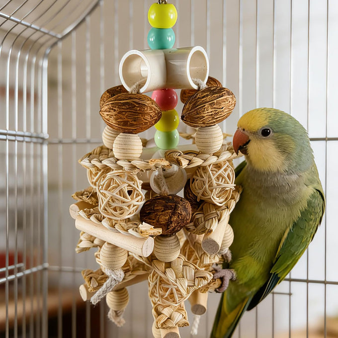 Natural Wooden Parrot Toy for Small to Medium Parrots with Safe Chewing Materials and Multi-Sensory Stimulation