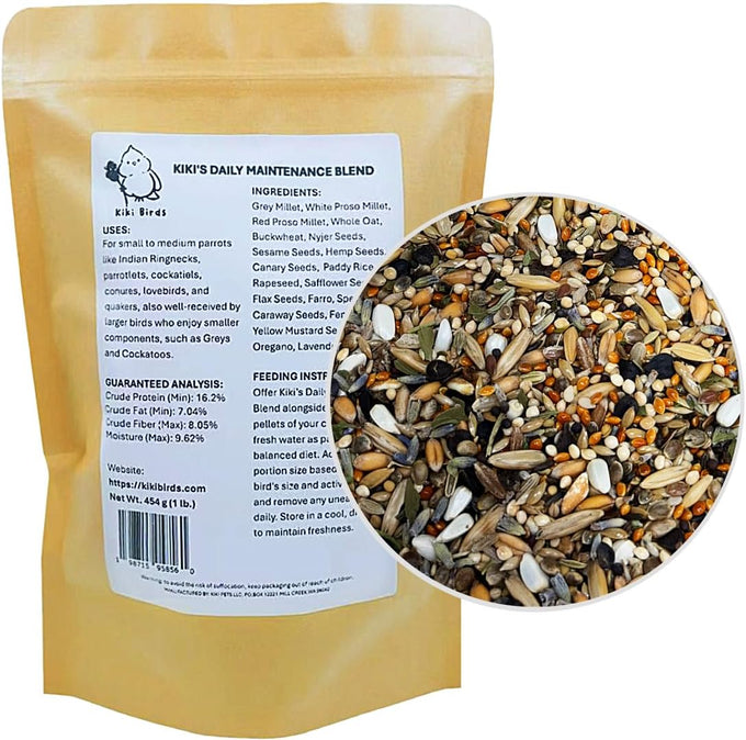 Cockatiel, Conure, Lovebird, Quaker, Parrotlet Food | No Corn, Soy, Peanuts | Gourmet Whole Grains & Seeds | 1 lb Daily Blend