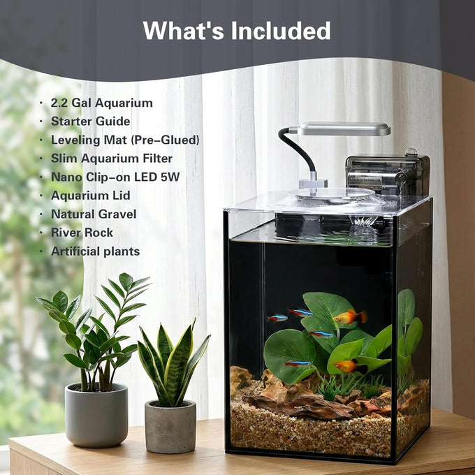 2.2 gallon black glass aquarium set for desktop, small kit for beginners and children with betta fish, goldfish, and aquatic plants