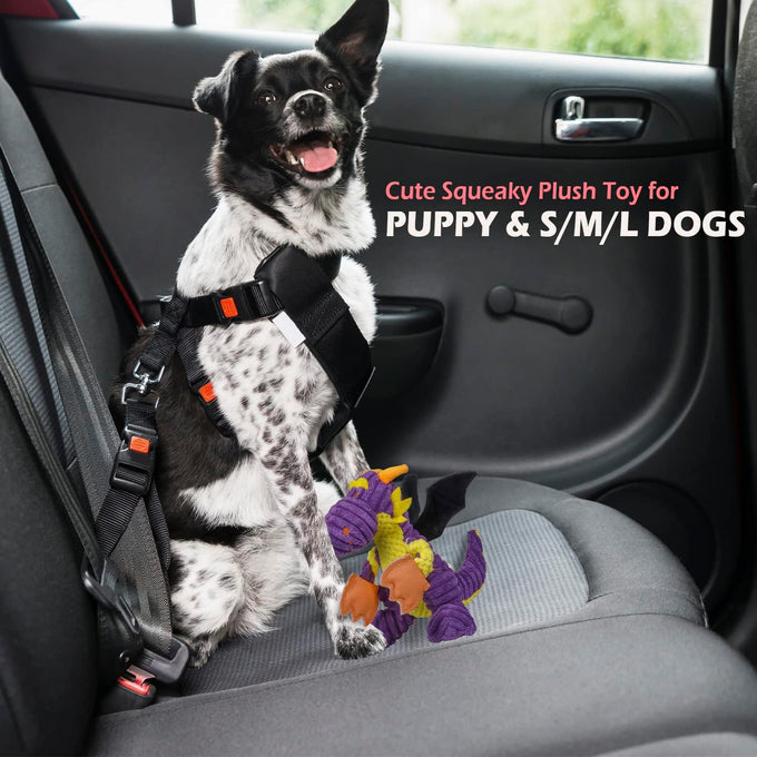 goola purple dragon dog toy, plush squeaky toy for large breeds, durable cotton, machine washable, 5 squeakers, chew toys