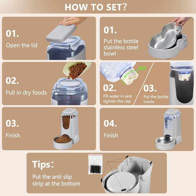 PetSafe Automatic Stainless Steel Bowl Dog and Cat Gravity Food Feeder and Waterer for Small Medium Pets 1 Gallon x 2