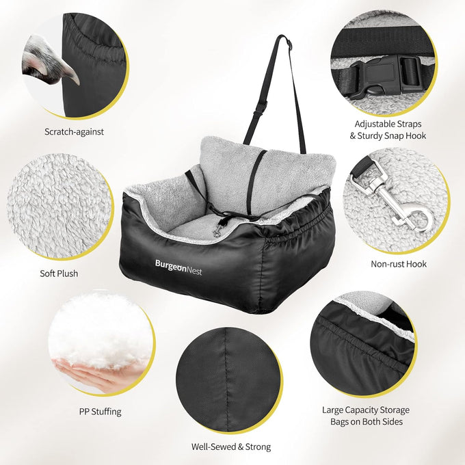 BurgeonNest dog car seat for small dogs, under 25 lbs, black, soft pet car travel home bed with storage