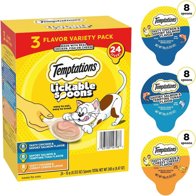 Temptations lickable cat treats, variety pack, 24 spoons, soft, adult wet, mess-free puree