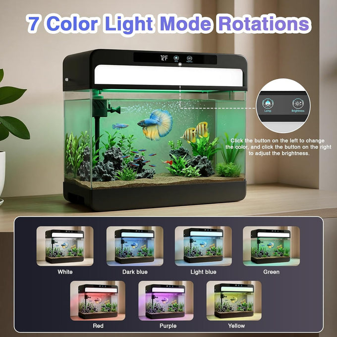 3 gallon smart aquarium for beta fish, 3-in-1 silent water pump with filtration, circulation, oxygenation, and 7 colors LED lights (black)
