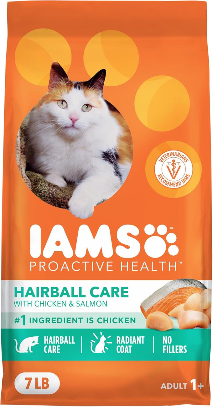 iams proactive health dry cat food, real chicken and salmon, adult cat food, 7 lb. bag, hairball care