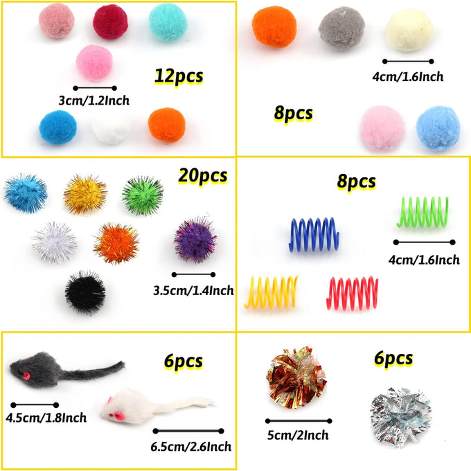 60-piece assorted cat toy set with kitten, mouse, crinkle, and pom pom balls