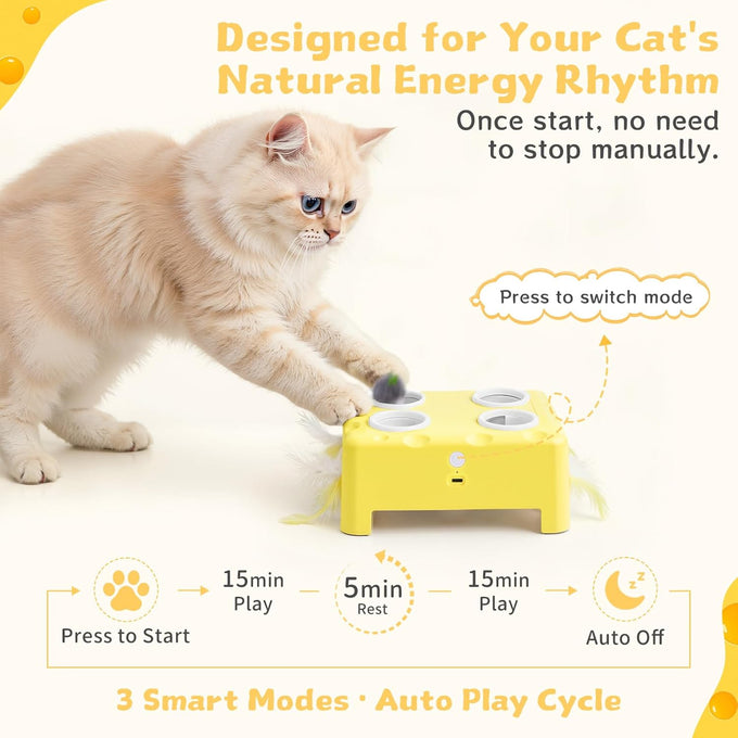 Cheese Box Interactive Cat Toy, 3-in-1 Whack a Mole Feather Toy for Indoor Cats, 4 Holes Kitten Toy, Yellow