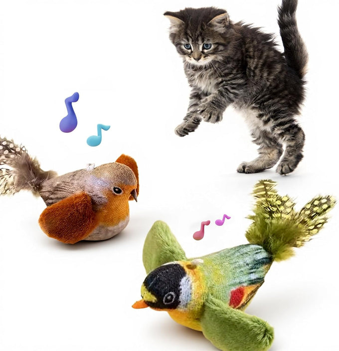 2-pack green and blue bird cat toys for indoor cats' natural hunting instincts with realistic chirping sounds