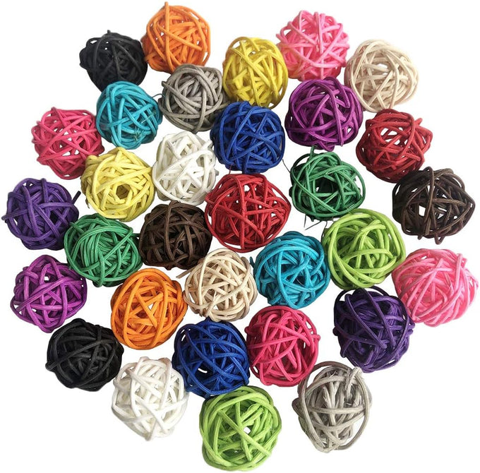 benvo 1.2 inch multi-colored rattan ball set, 32 pack, parrot, budgie, hamster, vase filler, craft