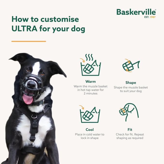 Baskerville Ultra Muzzle, Patented Humane Design, Breathable, Adjustable, Padded, Dog Training Muzzle for Large Dogs, Black, Size 5