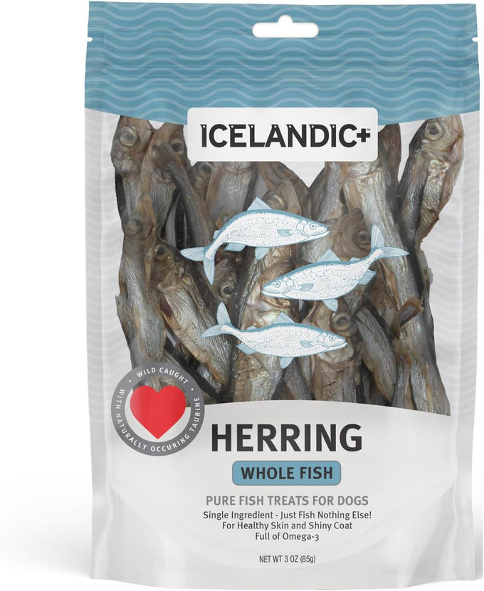 Icelandic+ Whole Fish Herring Dog Treats: 3oz Bag, Pure Wild-Caught, Air-Dried. Single Ingredient Snack, Rich in Protein & Omega-3s for Healthy Skin & Coat.