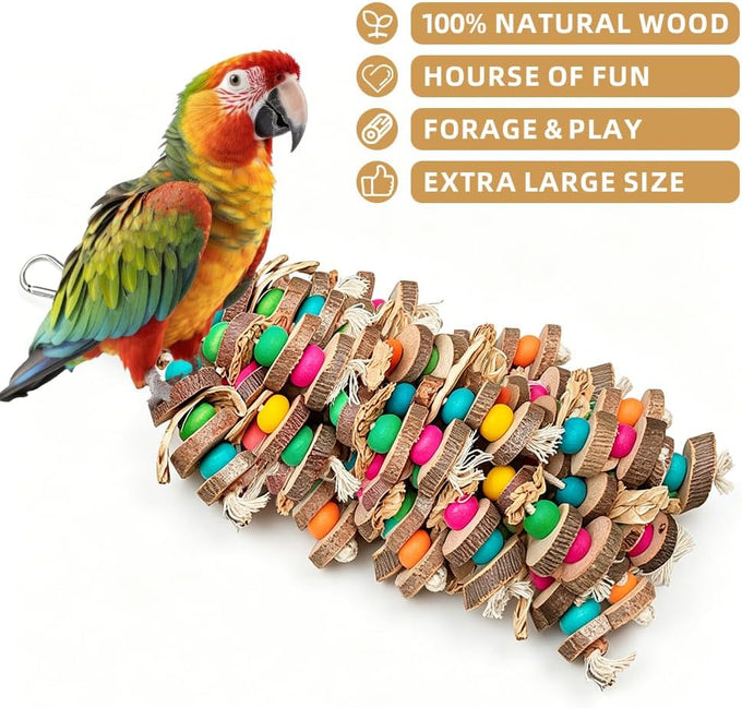 Natural multicolored wooden block parrot toys for large macaws cockatoos African grey and Amazon parrots, 19.7 inch, large size