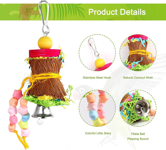 Yuepet 4-pack small parrot chewing toys with natural components, crinkle shred, and colorful beads for parakeets, parrotlets, lovebirds, and cockatiels