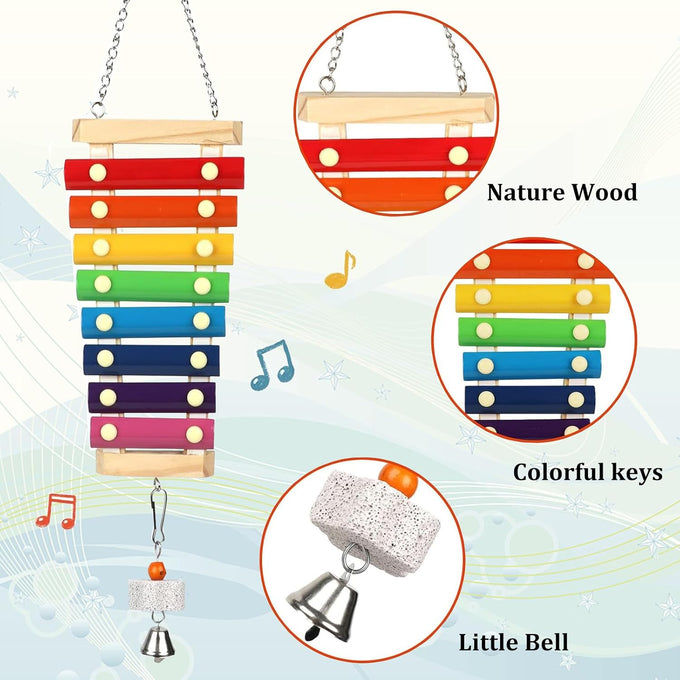Large Multicolored Natural Wooden Parrot Xylophone Toy with Grinding Stone for Macaws, African Grey, Cockatoos, Amazon