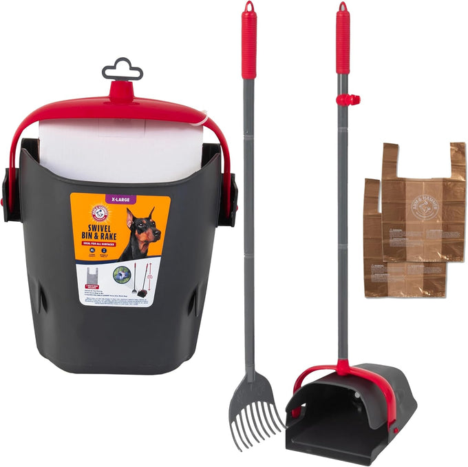 Arm & Hammer Dog Pooper Scooper Swivel Bin & Rake, Black, 32-inch Adjustable Handle, Heavy Duty Scented Waste Bags Included