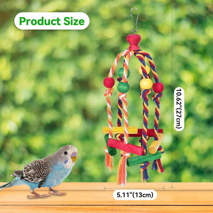 Multicolored wooden bird toys for medium and small birds, perfect for parakeet, parrot, conure, cockatiel, and budgies.