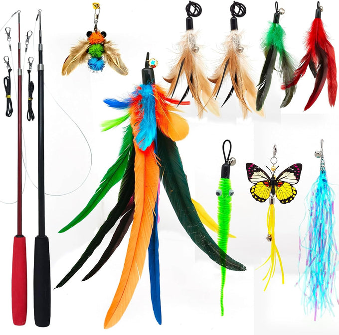 miwoowim 2PCS ultra-long teaser cat toys with 9PCS da bird feather refills, fishing pole toy and feather attachment replacement