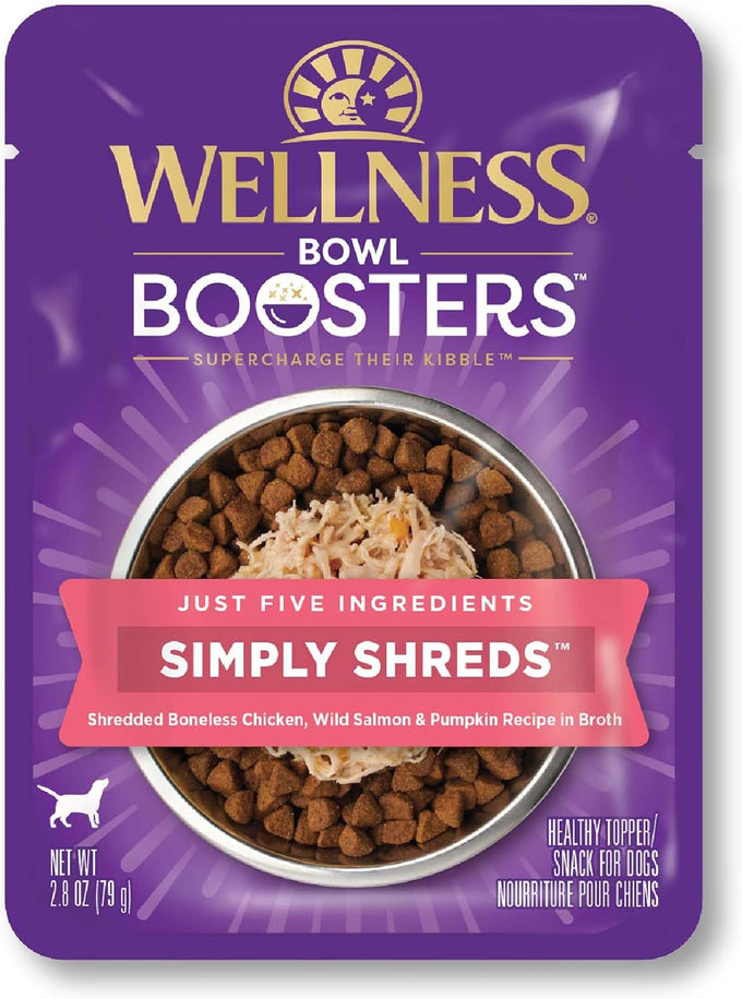 Wellness Bowl Boosters Simply Shreds Variety Pack Wet Dog Food Topper for Small, Medium, and Large Breeds, Grain Free, Natural, Chicken Recipes, 2.8 oz, Pack of 12 Pouches