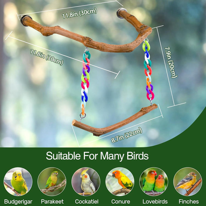 Grape Wood Bird Swing Toy for Small to Medium Sized Birds, U Shape Hangable with Chains, Natural Perch for Budgerigars, Parakeets