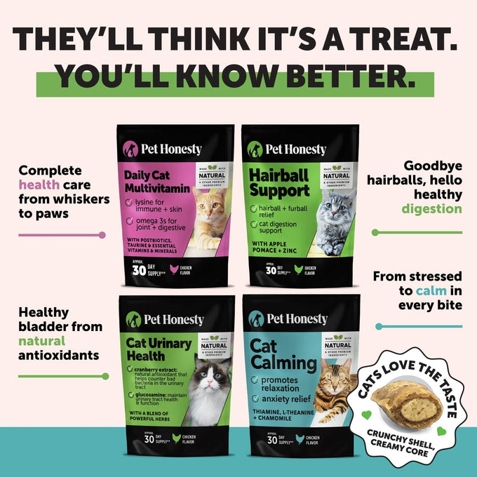 pet honesty cat multivitamin crunchy & creamy chews - supports immune, joint, skin, coat, and digestion health with omega 3s and lysine