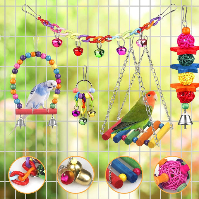 Colorful ladder hammock bird cage accessories for conures, parrots, parakeets, cockatiels, lovebirds, with hanging bell and chewing toys