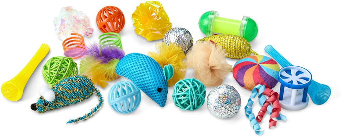 Amazon Basics 20-piece cat toy variety pack for kittens and cats, includes teaser, ball, feather, spring