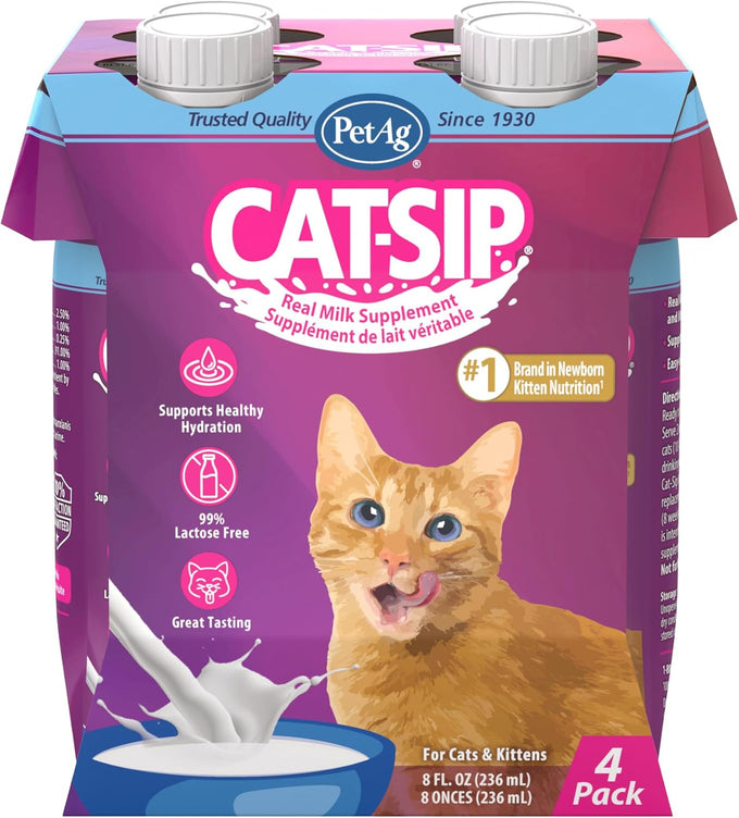 PetAg Cat-Sip 8 oz, 12 Pack - Ready-to-Feed Lactose-Free Milk Snack for Cats & Kittens