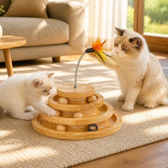 pine cat track toy for big cats, 4 layer wooden ball tower with feather wand, 9.9 inches, eco-friendly