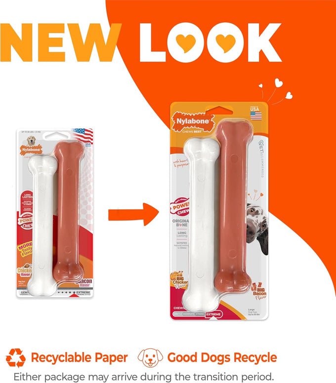 Nylabone Original Bone Power Chew Toy for Large Dogs, Durable 2-Pack, Chicken Flavor, Basted Blast, Up to 50 lbs