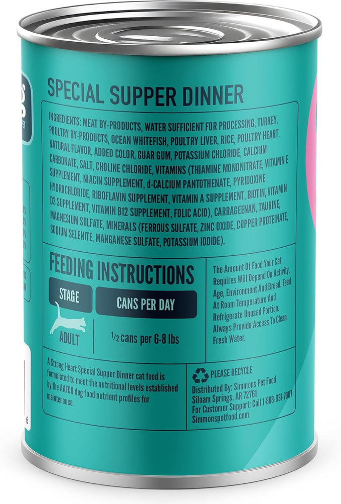 A Strong Heart Canned Wet Cat Food, Special Supper Dinner Pâté — Turkey, Whitefish & Liver — Complete & Balanced for Adult Cats, Made in USA — 13.2 oz Cans, Pack of 12