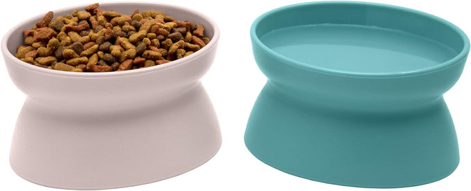 Kitty City elevated cat food & water bowls, set of 2, teal & light pink, 6.5 oz each, dishwasher safe, modern pedestal design