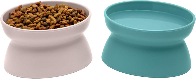 Kitty City elevated cat food & water bowls, set of 2, teal & light pink, 6.5 oz each, dishwasher safe, modern pedestal design