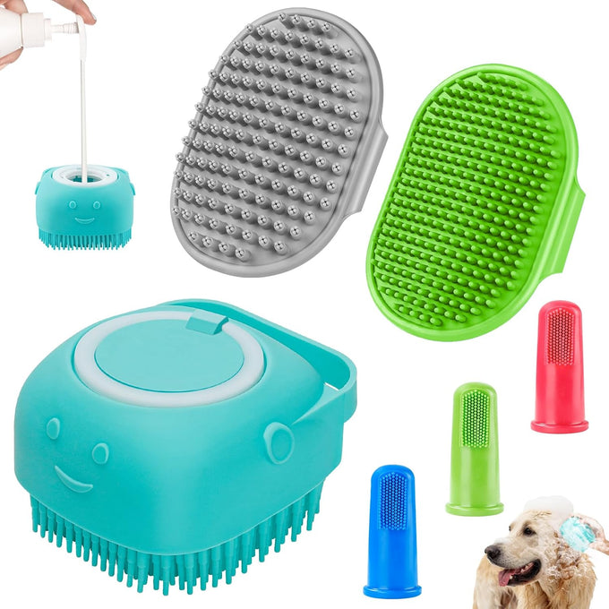 comotech 6pcs dog bath brush and toothbrush set | adjustable handle for short and long haired dogs and cats | blue