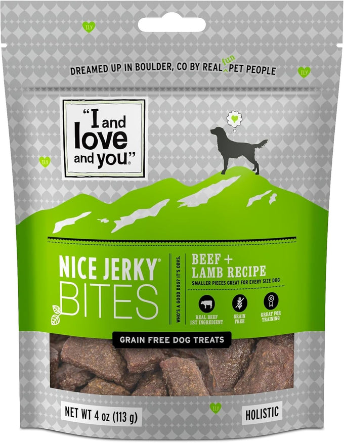I and love and you Nice Jerky Bites, 4oz Grain-Free Soft & Chewy Dog Treats with Real Beef & Pasture-Raised Lamb, Ideal for Training & Protein Boost, Filler-Free Formula.