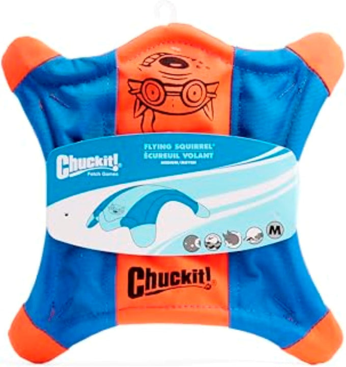 Chuckit! medium flying squirrel fetch dog toy - 9.5-inch diameter - water floating polyester canvas - orange and blue