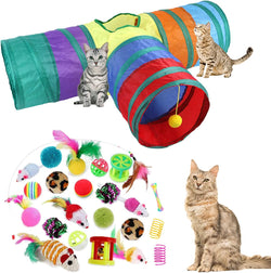 32Pcs Cat Toys Kitten Interactive Pet Toys Assortments, Foldable Rainbow Tunnel, Teaser Wand Fluffy Mouse Crinkle Balls Bell Play for Kitty Cats