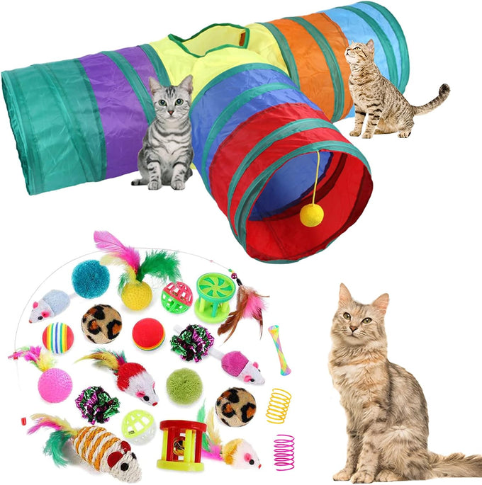 32Pcs Cat Toys Kitten Interactive Pet Toys Assortments, Foldable Rainbow Tunnel, Teaser Wand Fluffy Mouse Crinkle Balls Bell Play for Kitty Cats