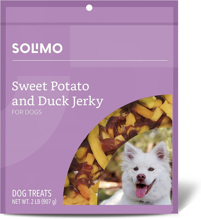 Solimo Amazon brand duck jerky dog treats, 2 pounds, no corn, wheat, soy or gluten