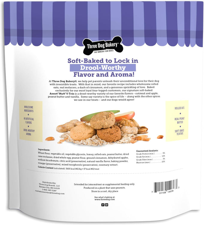 Three Dog Bakery Assort Mutt Trio 48oz dog treats with oats, apple, peanut butter, and vanilla, premium puppy training snacks